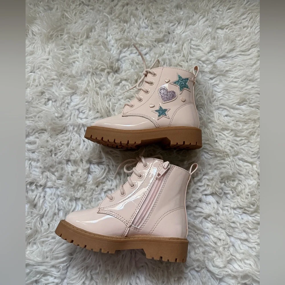 Kids Pink Star & Heart Lace-Up Boots